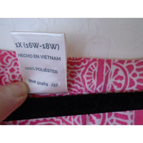 Terra & Sky Brand Women 1X (16W-18W) Polyester Tie Front Blouse Pink White Print - Picture 3 of 6